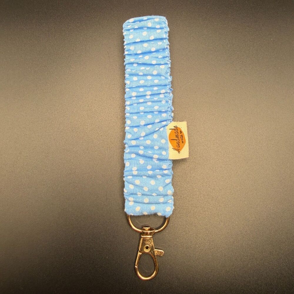 Handmade Blue Polka Dot Scrunchie Wristlet Keychain